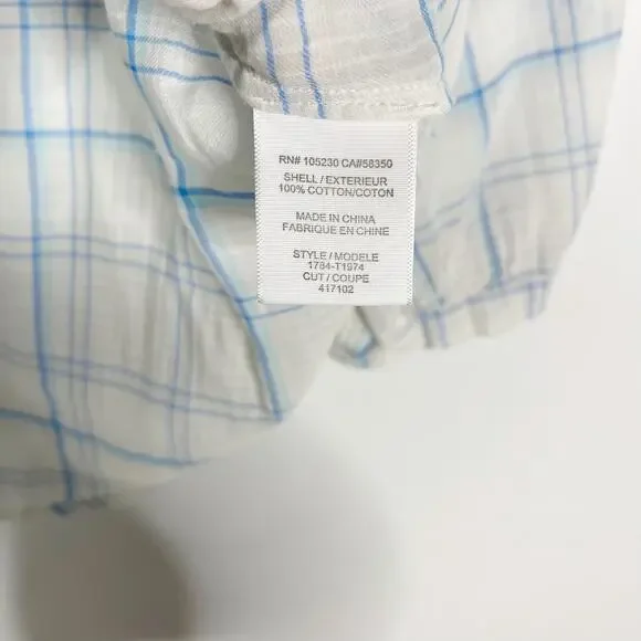 Joie S Ivory Blue Selima Plaid 3/4 Sleeve Blouse Top Split VNeck Button Cotton - Picture 9 of 11